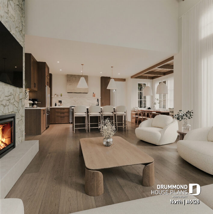 open concept living area North 6128 kitchen dining living room STÛV fireplace