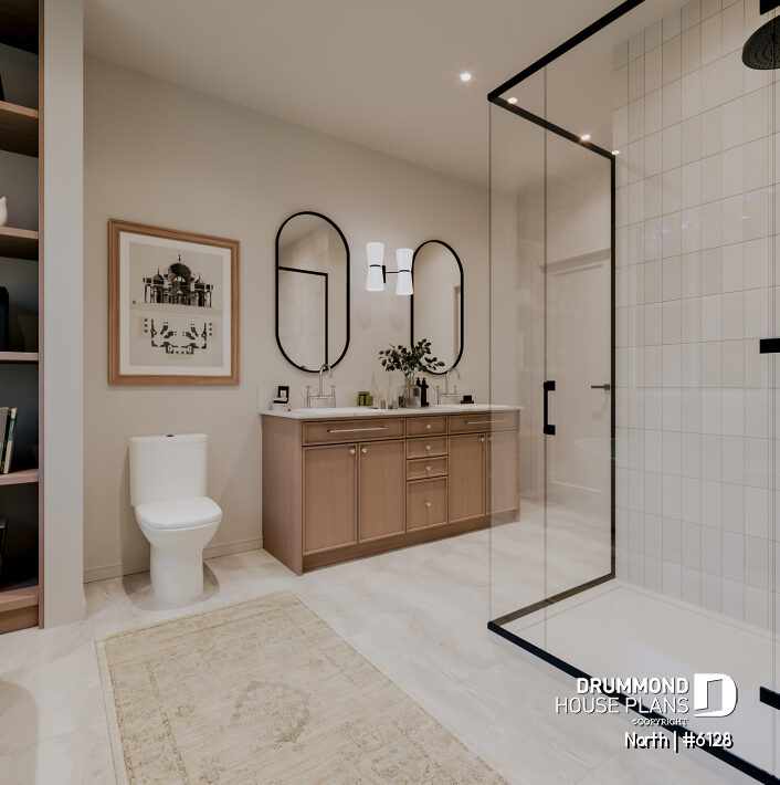 Primary bathroom with double vanity and storage in North house plan 6128