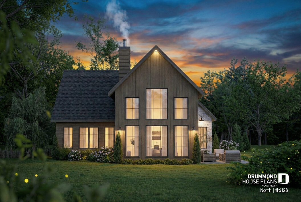 Side view North 6128 large windows open concept living area STÛV fireplace natural light