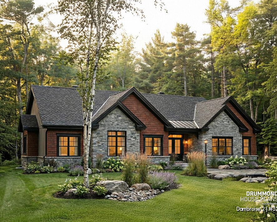 Single-story house plan with modern rustic front elevation, double garage and bright interior design – Dambroise 2 (#3224-V1)