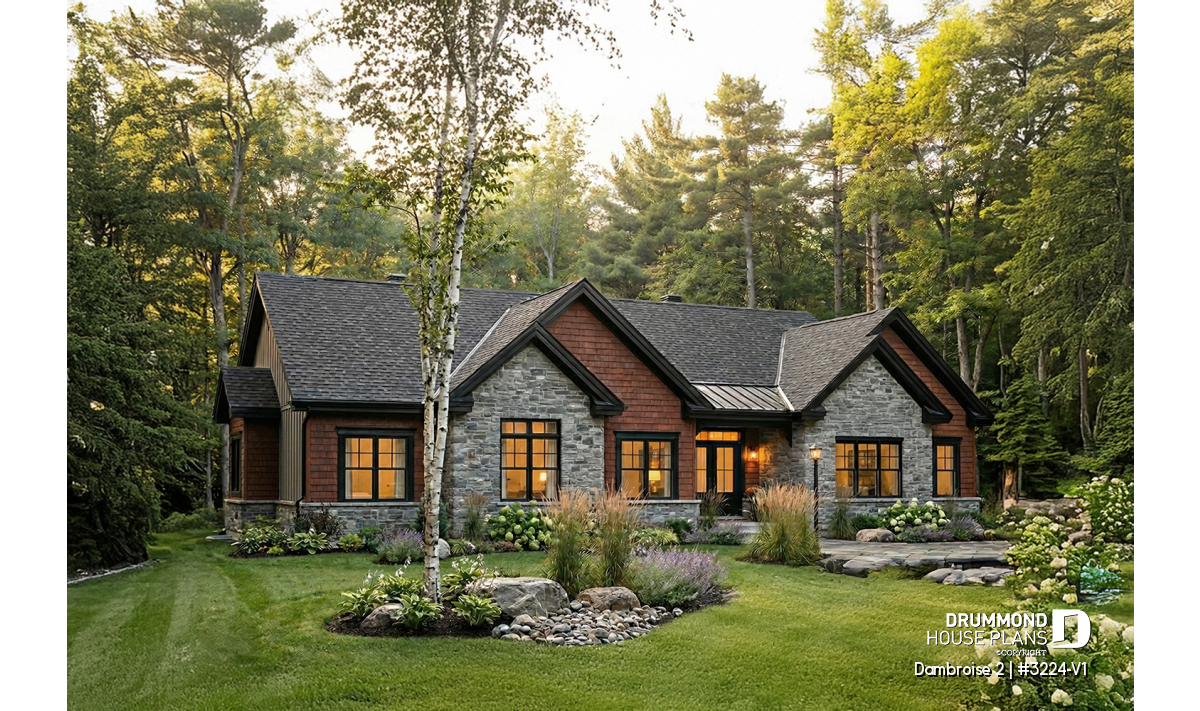 Single-story house plan with modern rustic front elevation, double garage and bright interior design – Dambroise 2 (#3224-V1)