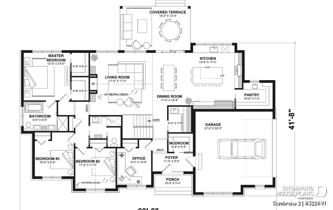 Single-story house plan main floor with 3 bedrooms, open concept living area, kitchen island and double garage – Dambroise 2 (#3224-V1)