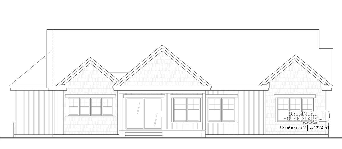 Single-story house plan rear elevation with covered terrace and large windows providing abundant natural light – Dambroise 2 (#3224-V1)