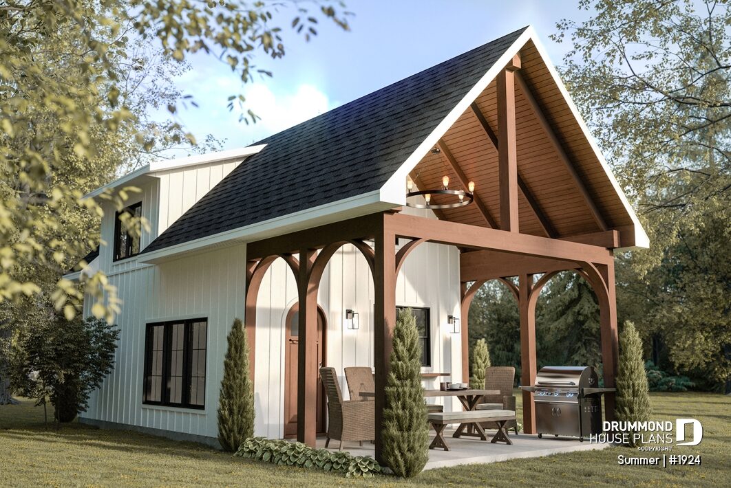 Summer (#1924) modern farmhouse style pool house plan by Drummond House Plans with shower room, kitchen area, lounge space and mezzanine bedroom