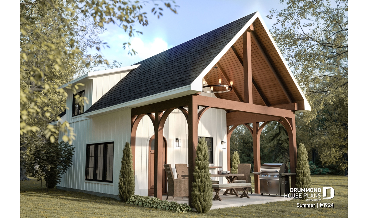 Summer (#1924) modern farmhouse style pool house plan by Drummond House Plans with shower room, kitchen area, lounge space and mezzanine bedroom