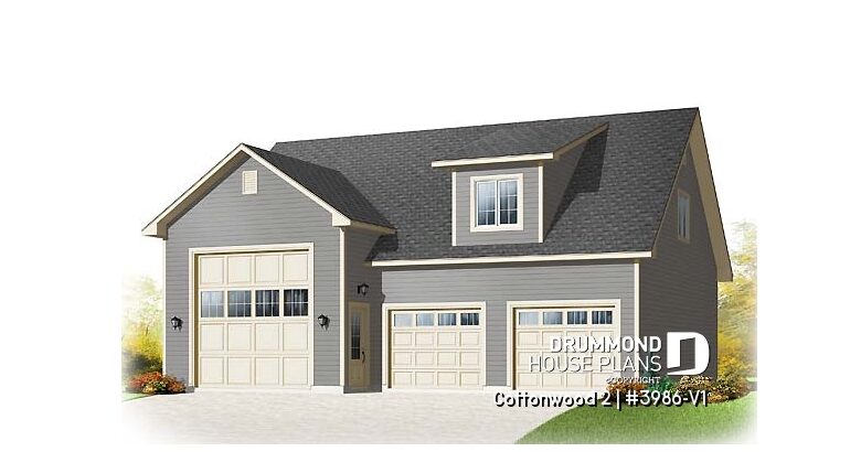 The Cottonwood 2 (#3986-V1) RV garage plan by Drummond House Plans featuring oversized RV bay, multiple vehicle storage and upper bonus space