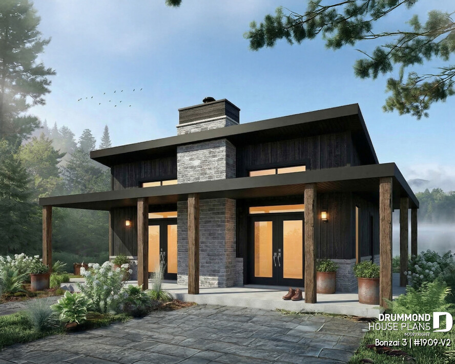 Affordable modern small cabin Bonsai 3 with covered porch on two sides, central fireplace, and warm contemporary design