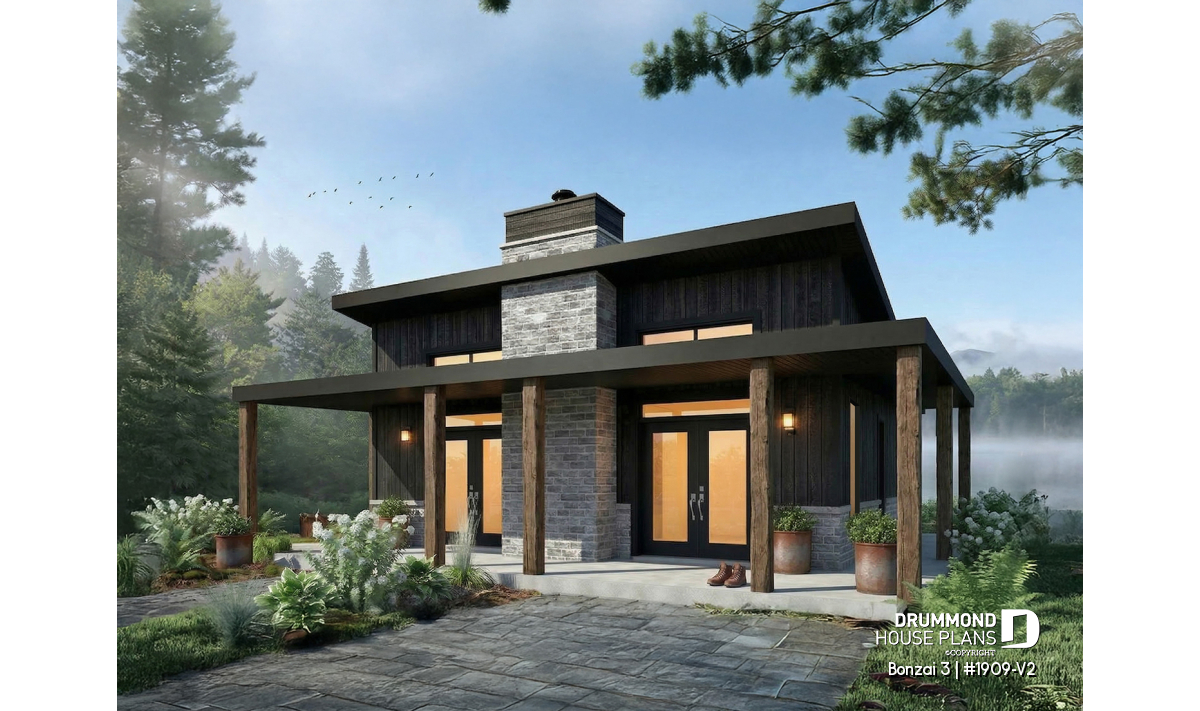 Affordable modern small cabin Bonsai 3 with covered porch on two sides, central fireplace, and warm contemporary design