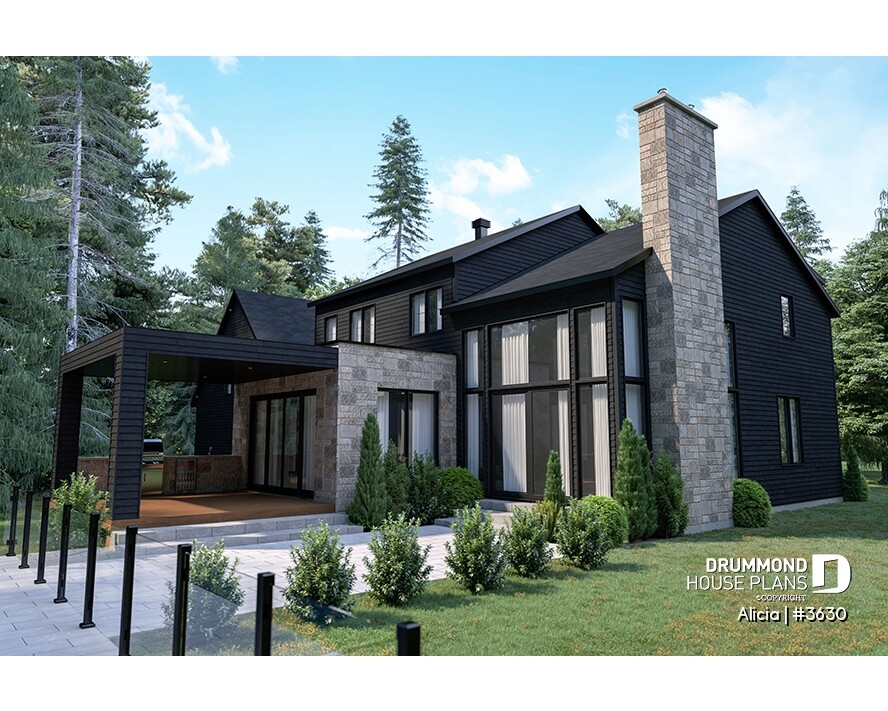 Front elevation of Alicia Moffet's dream home, a modern farmhouse house plan featuring stone accents, large windows, covered terrace and contemporary architecture