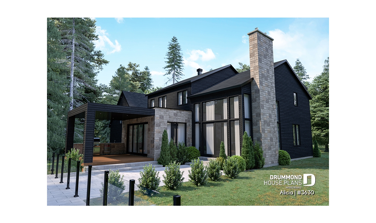 Front elevation of Alicia Moffet's dream home, a modern farmhouse house plan featuring stone accents, large windows, covered terrace and contemporary architecture