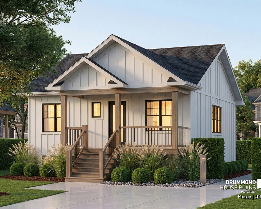 Affordable modern farmhouse with 2 bedrooms, open floor plan and bright interior designed for a smaller budget