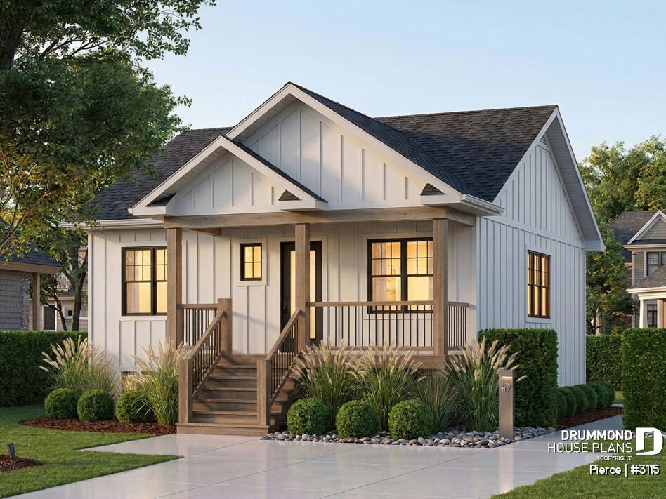 Affordable modern farmhouse with 2 bedrooms, open floor plan and bright interior designed for a smaller budget