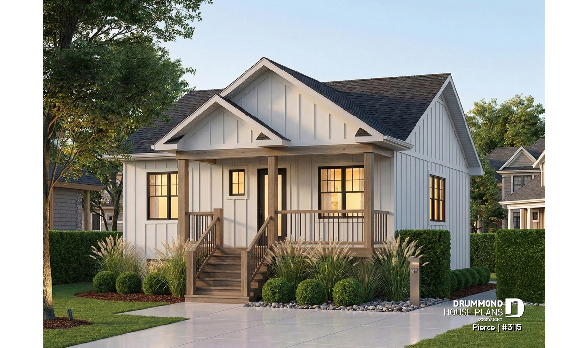 Affordable modern farmhouse with 2 bedrooms, open floor plan and bright interior designed for a smaller budget