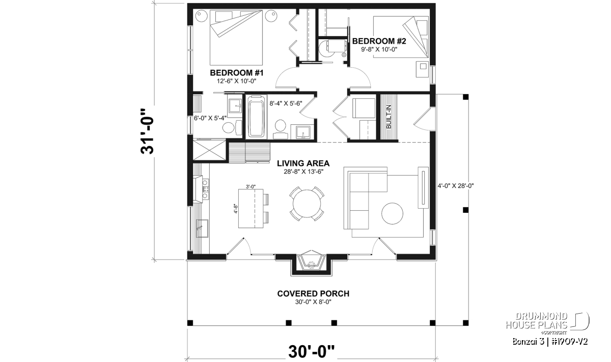 Bonsai 3 main floor plan with private primary suite, open-concept living, central fireplace, 2 bedrooms, and spacious mudroom