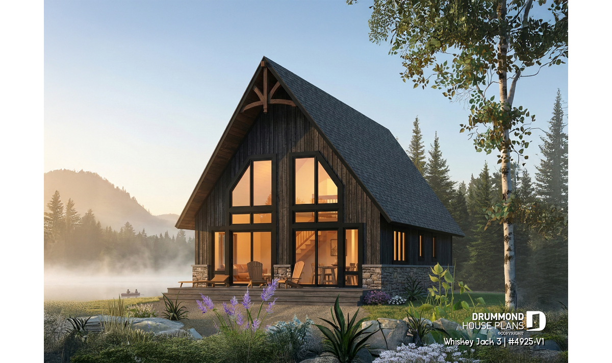 Small lakefront cabin plan Whiskey Jack 3 4925-V1 with loft 3 bedrooms large windows glowing at sunset in a natural setting