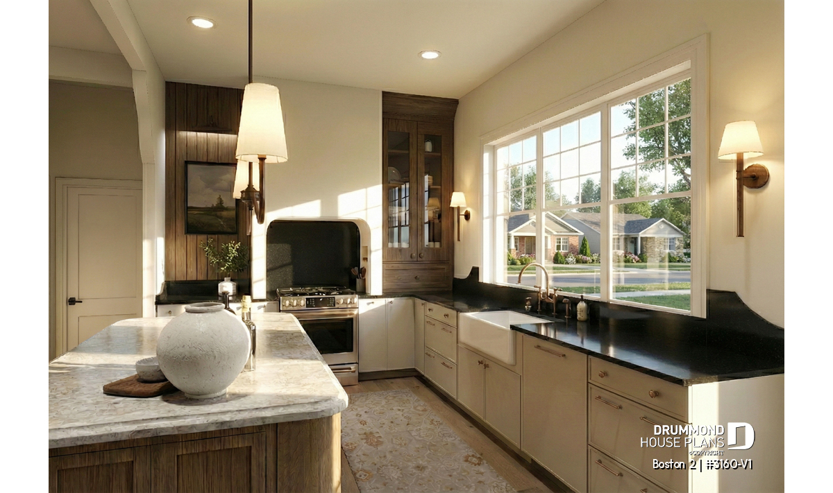 Bright kitchen in the Boston 2 (#3160-V1) single-story house plan with garage featuring rich wood tones and upscale finishes
