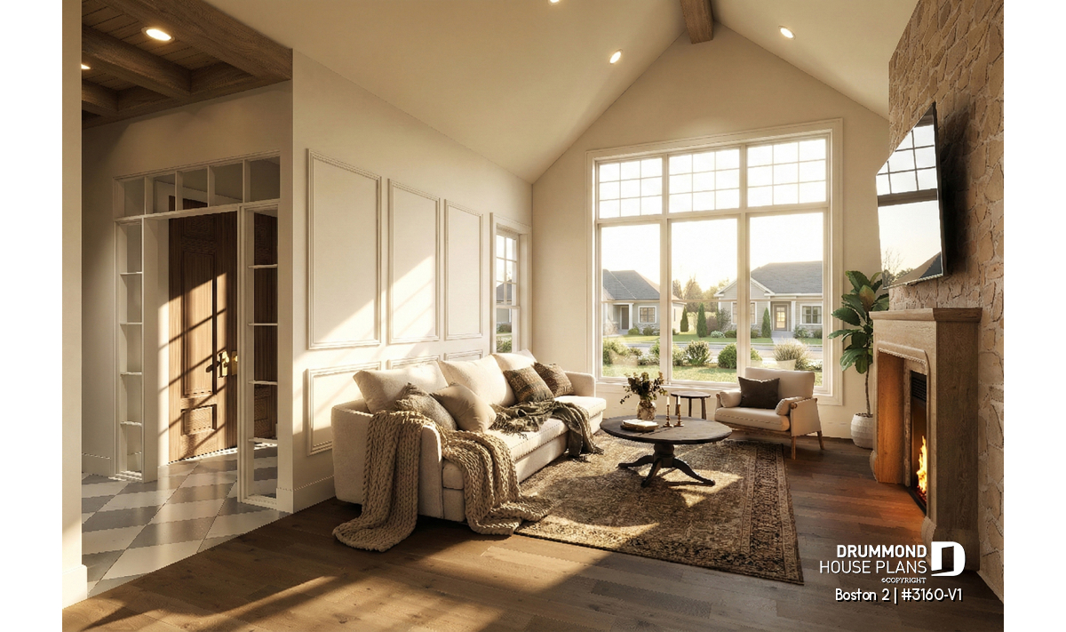 Bright living room in the Boston 2 (#3160-V1) single-story house plan with garage featuring cathedral ceilings and fireplace