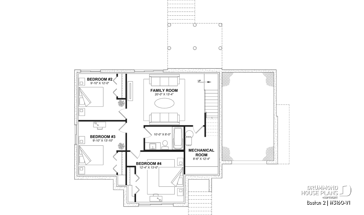 Optional finished basement layout of the Boston 2 (#3160-V1) single-story house plan with garage featuring 3 bedrooms and family room