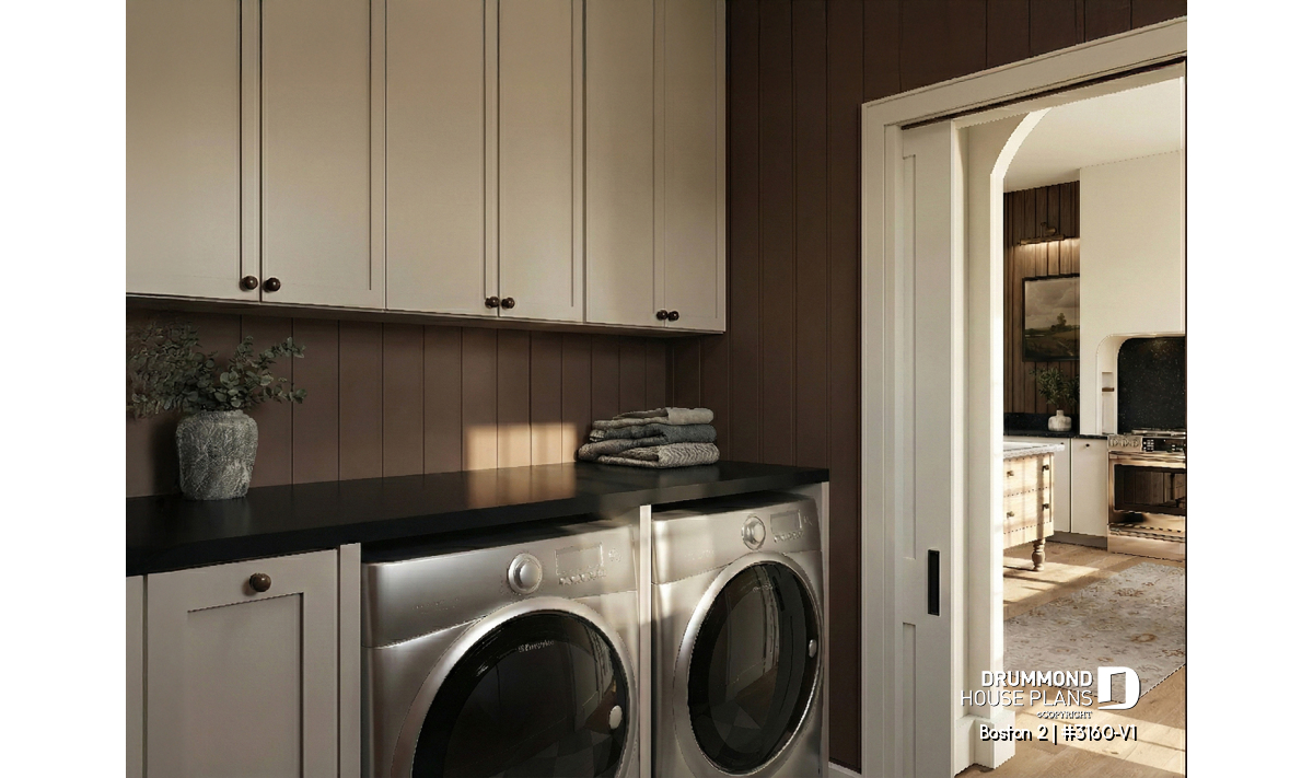 Laundry room in the Boston 2 (#3160-V1) single-story house plan with garage featuring built-in storage and warm finishes