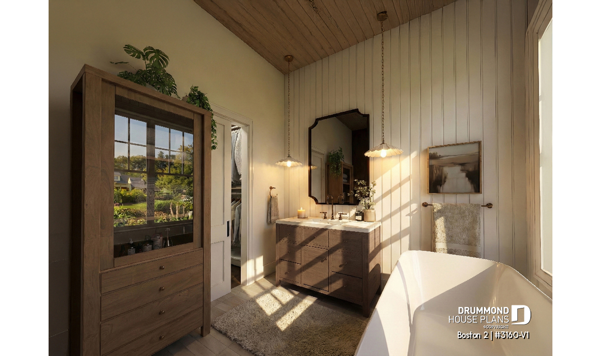 Elegant bathroom in the Boston 2 (#3160-V1) single-story house plan with garage featuring a freestanding tub and warm wood finishes