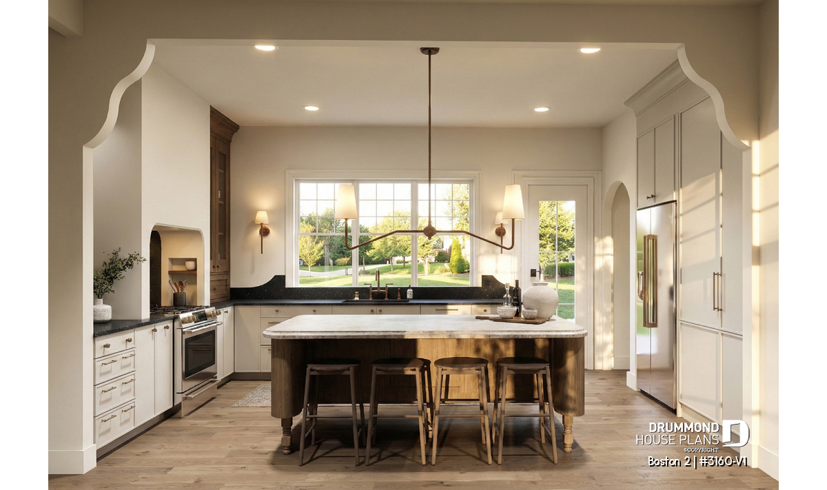 Luxury kitchen in the Boston 2 (#3160-V1) single-story house plan with garage featuring a large island and 10-foot ceilings
