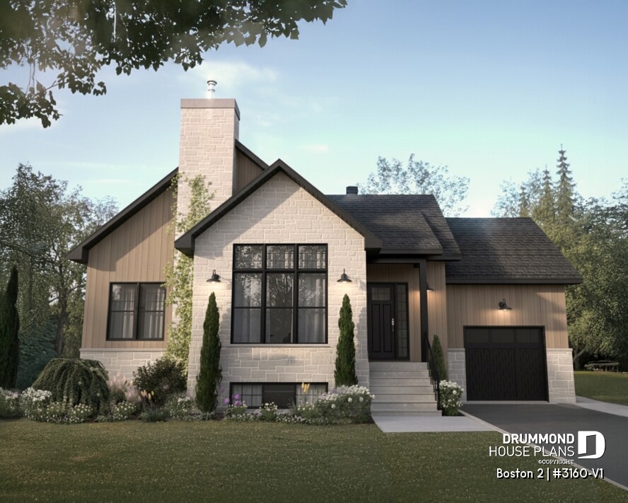 Front exterior of the Boston 2 (#3160-V1) luxury single-story house plan with garage and contemporary architecture