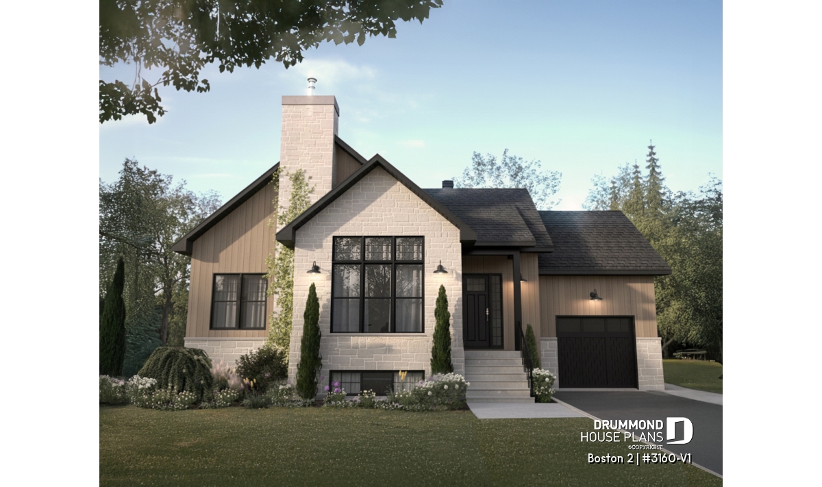 Front exterior of the Boston 2 (#3160-V1) luxury single-story house plan with garage and contemporary architecture