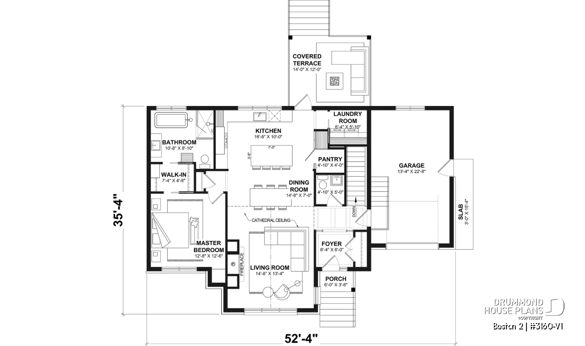 Main floor layout of the Boston 2 (#3160-V1) single-story house plan with garage and cathedral ceiling