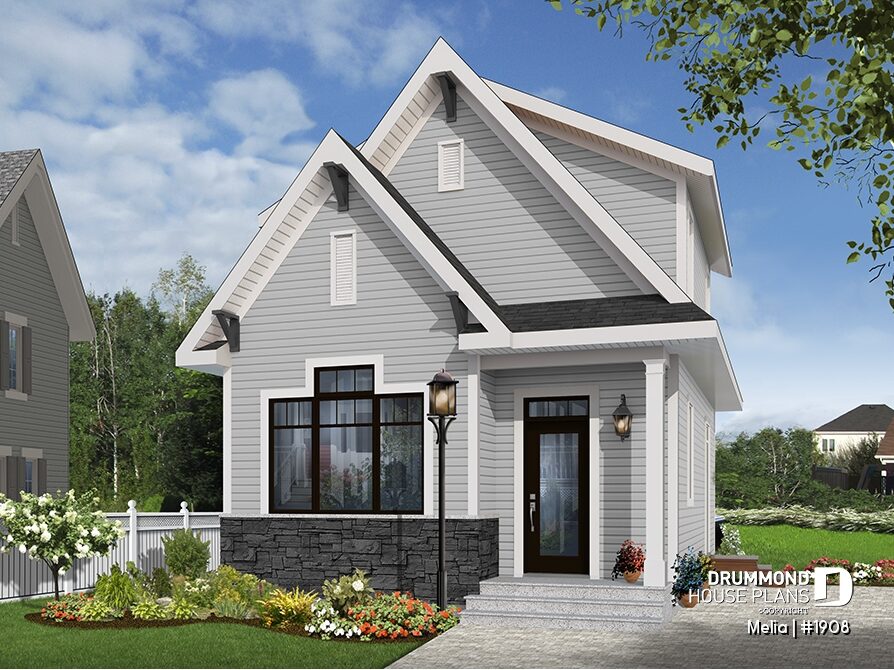 Mélia 1908 compact country house plan with 3 bedrooms open-concept layout and unfinished basement