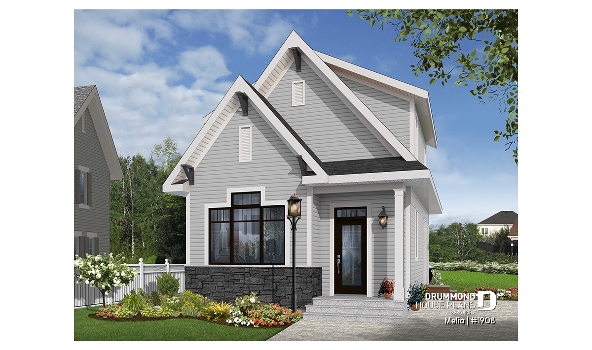 Mélia 1908 compact country house plan with 3 bedrooms open-concept layout and unfinished basement