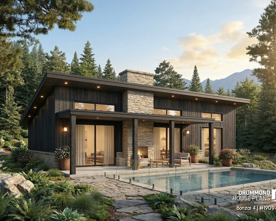 Modern house featuring a covered terrace, swimming pool, natural stone accents and professional landscaping in a forest setting