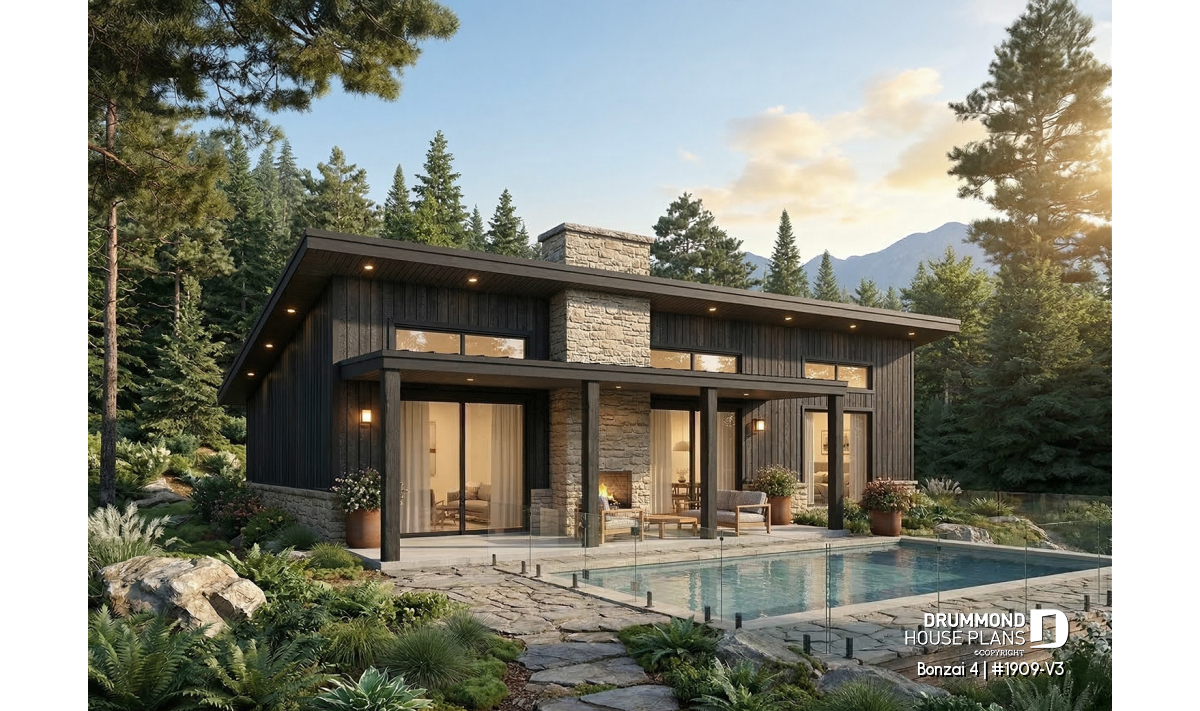 Modern house featuring a covered terrace, swimming pool, natural stone accents and professional landscaping in a forest setting