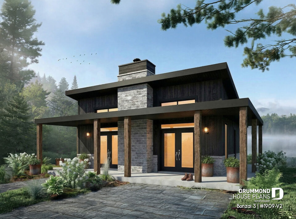 Modern small cabin plan Bonzai 3 1909-V2 single floor with 2 bedrooms covered balcony fireplace and open floor plan