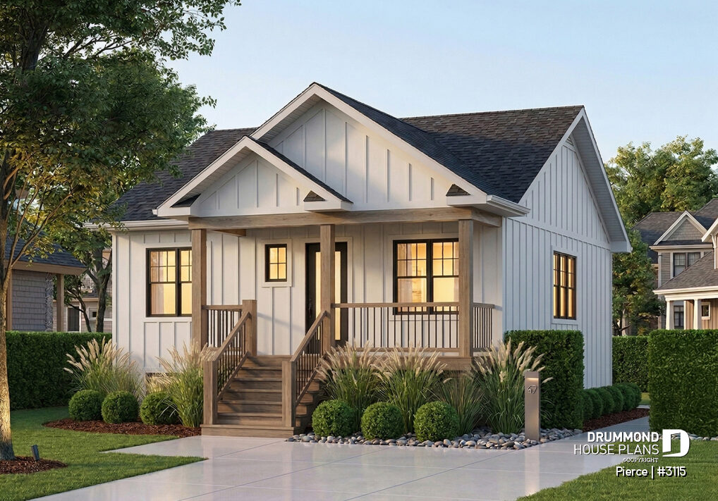 Pierce 3115 small farmhouse house plan with 2 bedrooms and unfinished basement