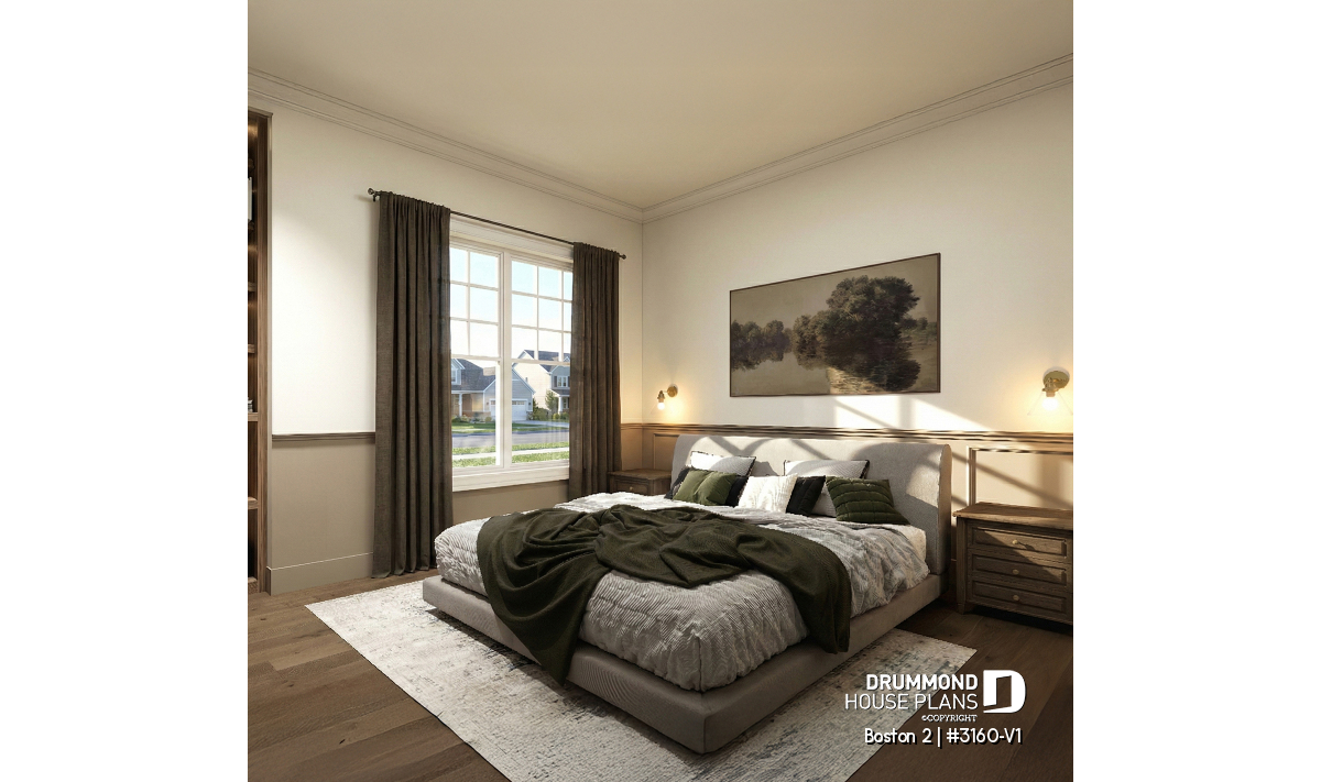 Primary bedroom in the Boston 2 (#3160-V1) single-story house plan with garage featuring warm upscale décor