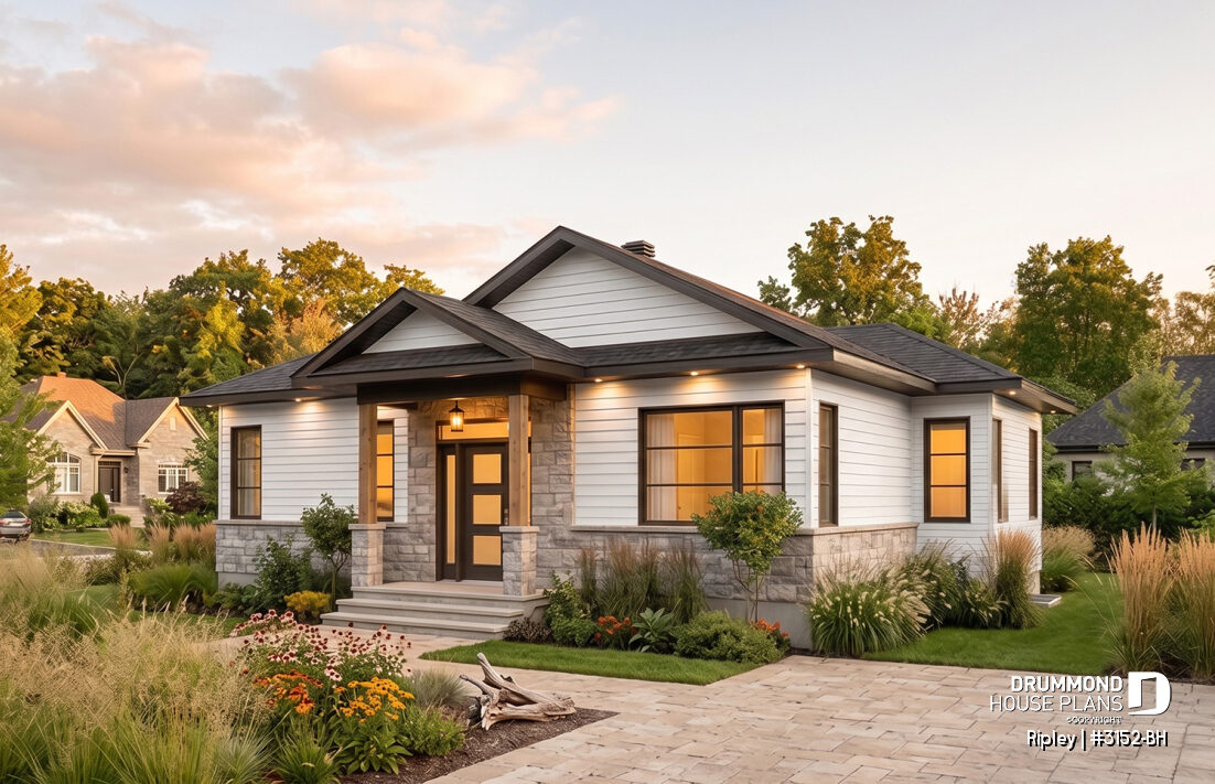 Ripley 3152 BH modern bungalow house plan with bright contemporary exterior and open-concept layout