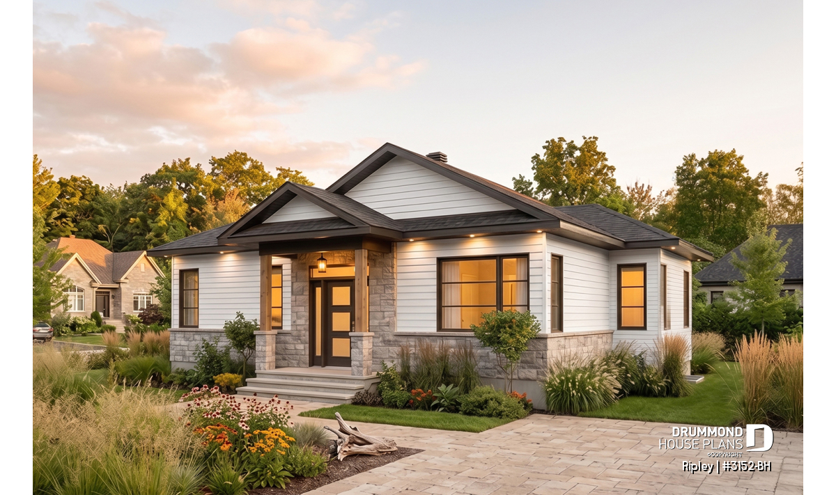 Ripley 3152 BH modern bungalow house plan with bright contemporary exterior and open-concept layout
