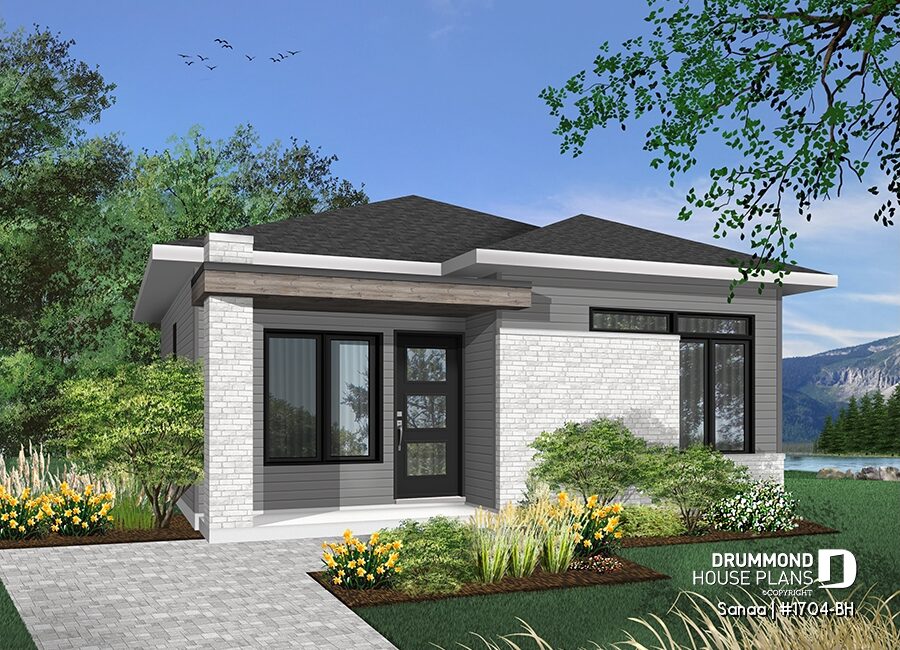 Sanaa 1704 BH small modern house plan with open-concept layout and unfinished basement