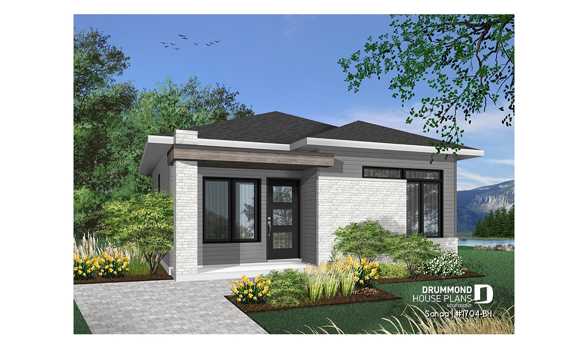 Sanaa 1704 BH small modern house plan with open-concept layout and unfinished basement