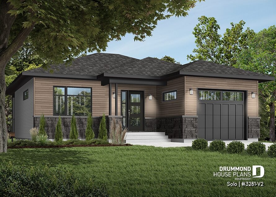 Small contemporary house plan Solo #3281-V2 with 1 bedroom and garage