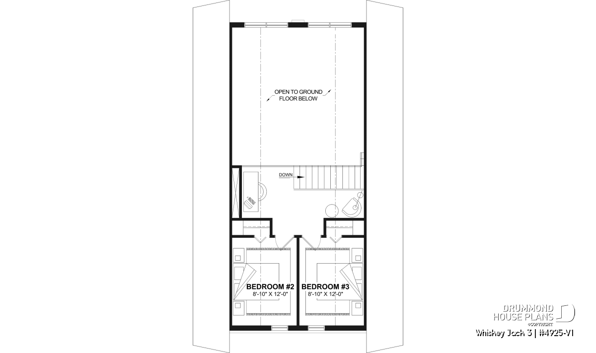 Upper floor loft plan small lakefront cabin Whiskey Jack 3 with 2 bedrooms home office and reading nook