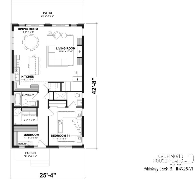 Whiskey Jack 3 small lakefront cabin main floor plan with primary bedroom, open living area, kitchen island and fireplace
