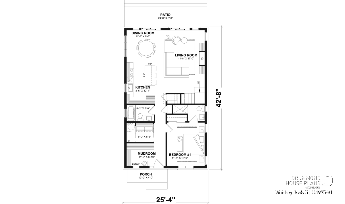 Main floor plan small lakefront cabin Whiskey Jack 3 with open layout kitchen island living room dining room and primary bedroom