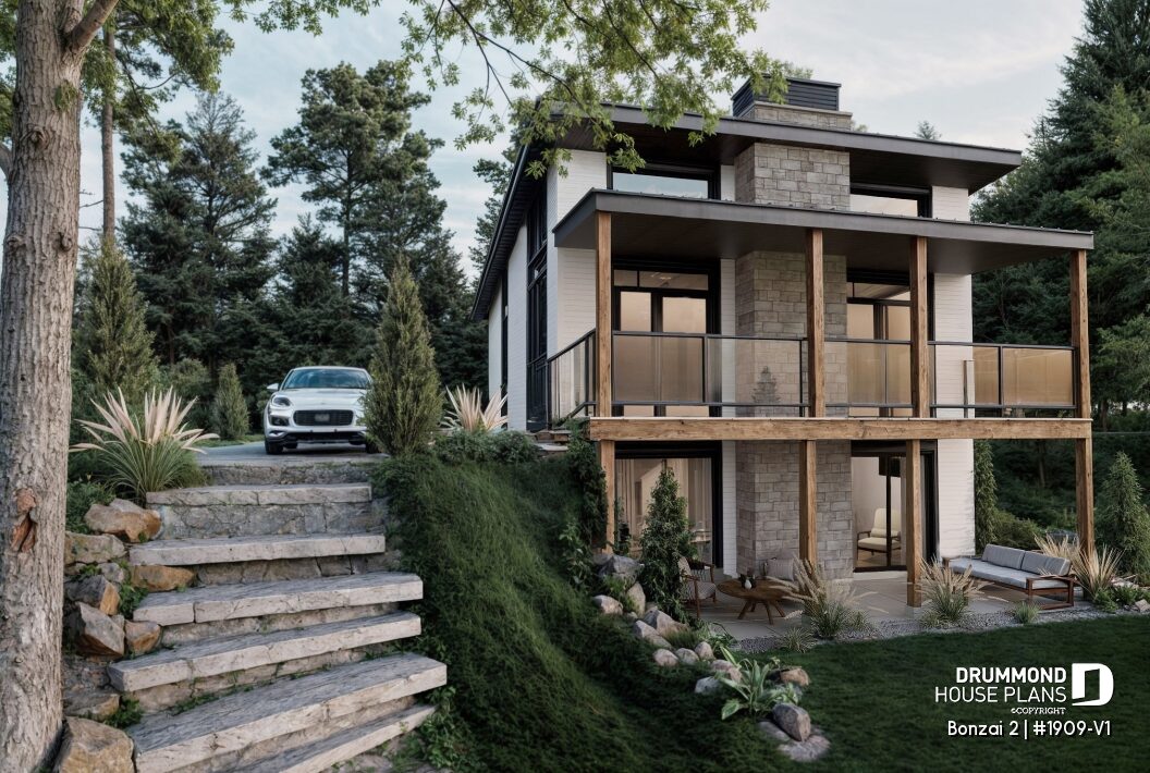 Bonzaï 2 1909 V1 small modern cottage plan with walkout basement, contemporary architecture and ideal design for sloped or scenic lots