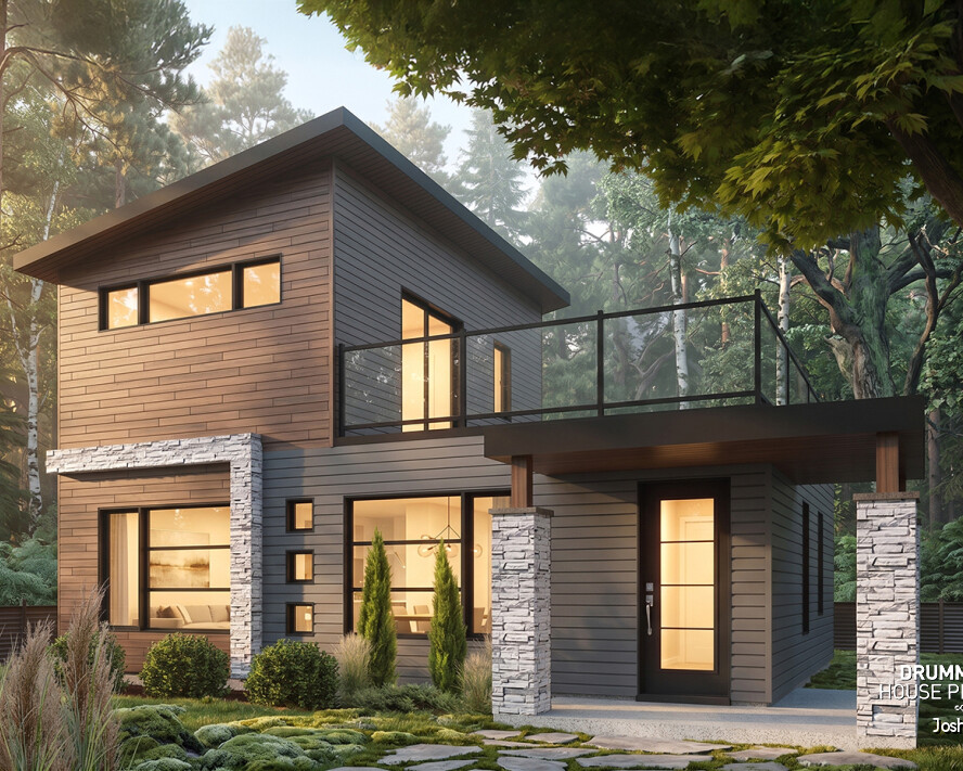 Small modern house plan Joshua #1703 with upper-level terrace