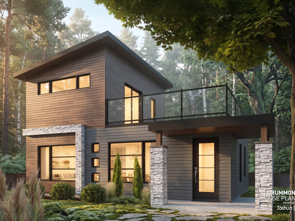 Small modern house plan Joshua #1703 with upper-level terrace