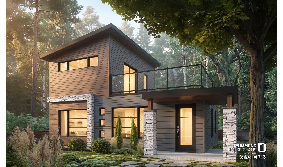 Small modern house plan Joshua #1703 with upper-level terrace