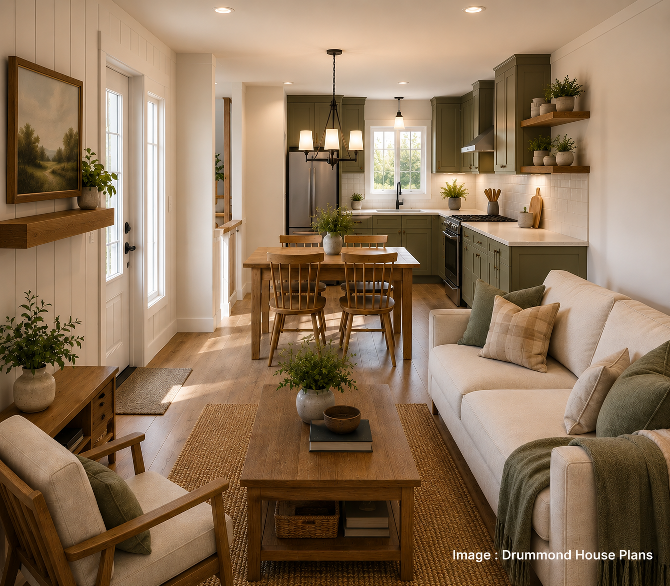 Bright open-concept interior of a compact affordable farmhouse