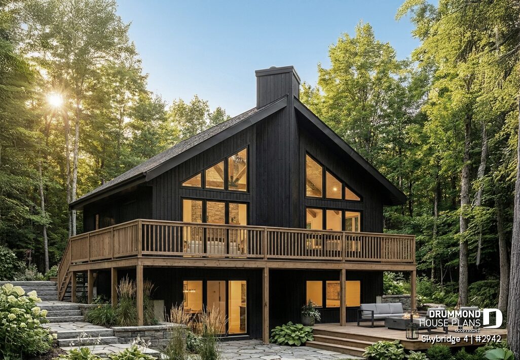 Rustic cabin plan Skyridge 4 2942 with walkout basement 3 bedrooms open floor plan fireplace and large windows