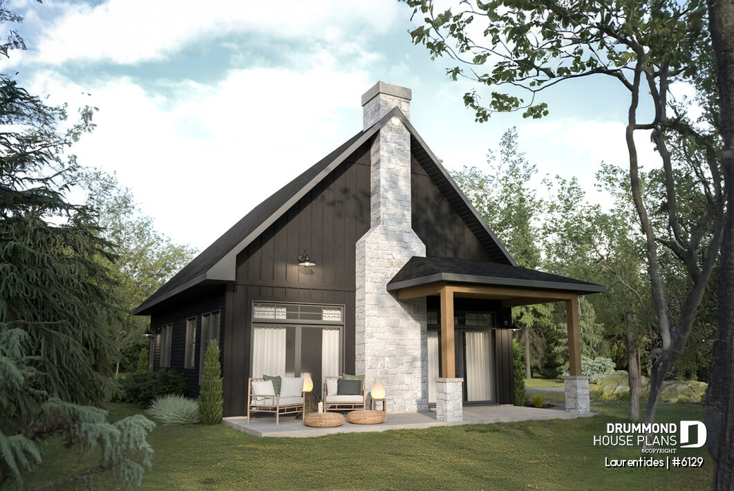 Small rustic farmhouse cabin plan Laurentides (#6129) with loft 2 bedrooms main floor primary fireplace and open layout in nature